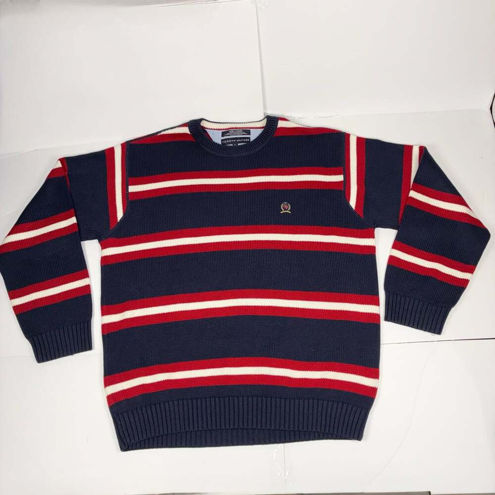 Vintage Tommy Hilfiger Men's Crew Neck Striped Pullover Sweater Embroidered XL